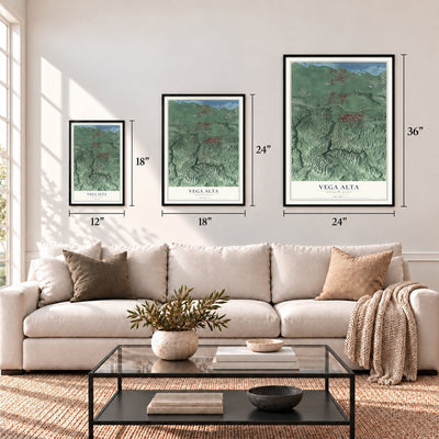 Vega Alta, Puerto Rico map in 12 x 18, 18 x 24 and 24 x 36 inch sizes above a sofa