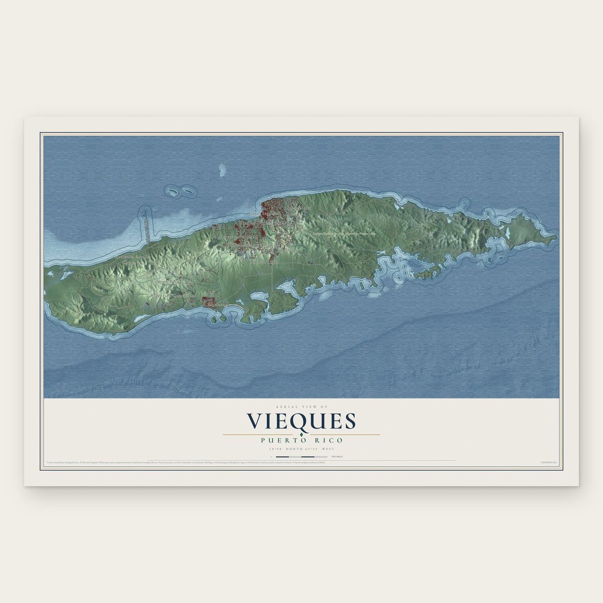 Vieques, Puerto Rico map print, the full design