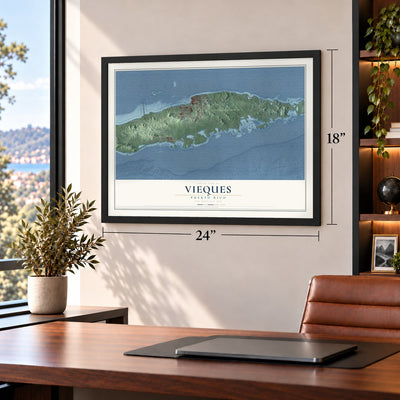 Vieques, Puerto Rico map, 18 x 24 inch print in a black frame in a home office