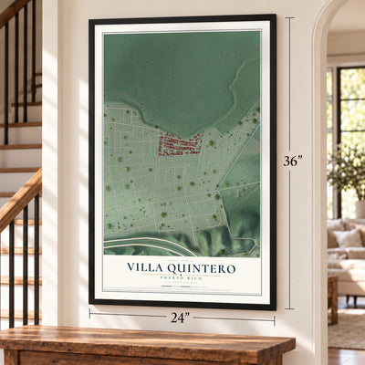 Villa Quintero, Puerto Rico map, 24 x 36 inch print in a black frame by a staircase
