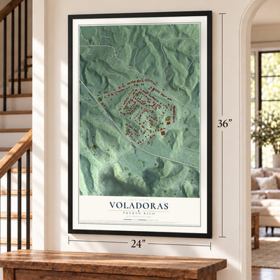 Voladoras, Puerto Rico map, 24 x 36 inch print in a black frame by a staircase