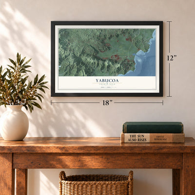 Yabucoa, Puerto Rico map, 12 x 18 inch print in a black frame in an entryway