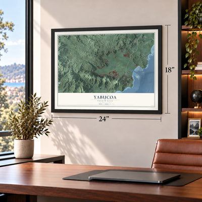 Yabucoa, Puerto Rico map, 18 x 24 inch print in a black frame in a home office