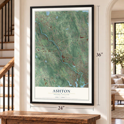 Ashton, Rhode Island map, 24 x 36 inch print in a black frame by a staircase