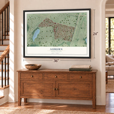 Auburn, Rhode Island map, 24 x 36 inch print in a black frame above a dresser by a staircase