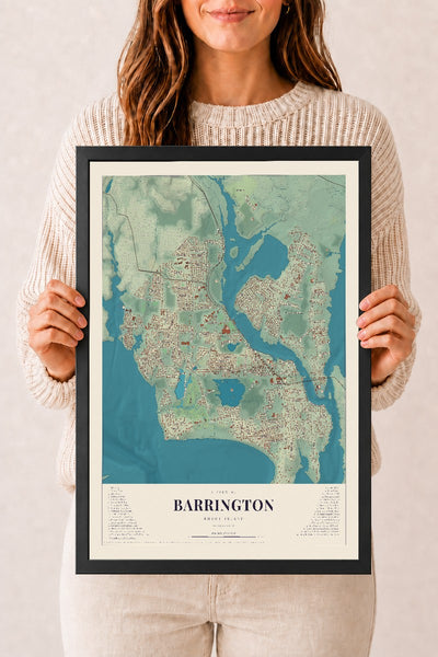 Map of Barrington, Rhode Island, 12 x 18 inch print in a black wood frame