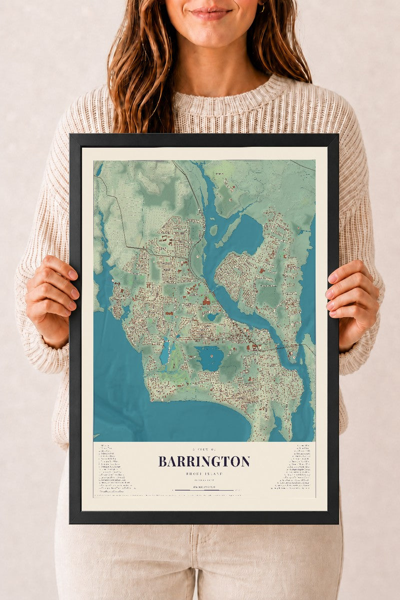 Map of Barrington, Rhode Island, 12 x 18 inch print in a black wood frame