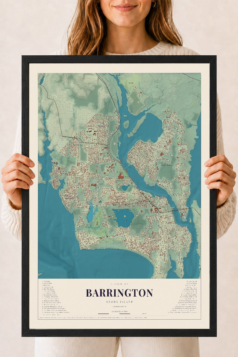 Map of Barrington, Rhode Island, 18 x 24 inch print in a black wood frame