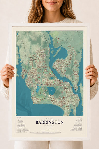 Map of Barrington, Rhode Island, 18 x 24 inch print in a white wood frame