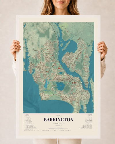 Map of Barrington, Rhode Island, 24 x 36 inch print in a white wood frame