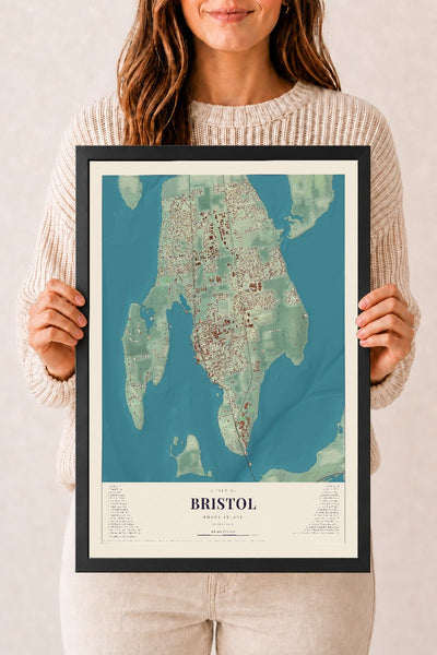 Bristol, Rhode Island map print, 12" x 18" W/ Black Ayous Wood Frame mockup