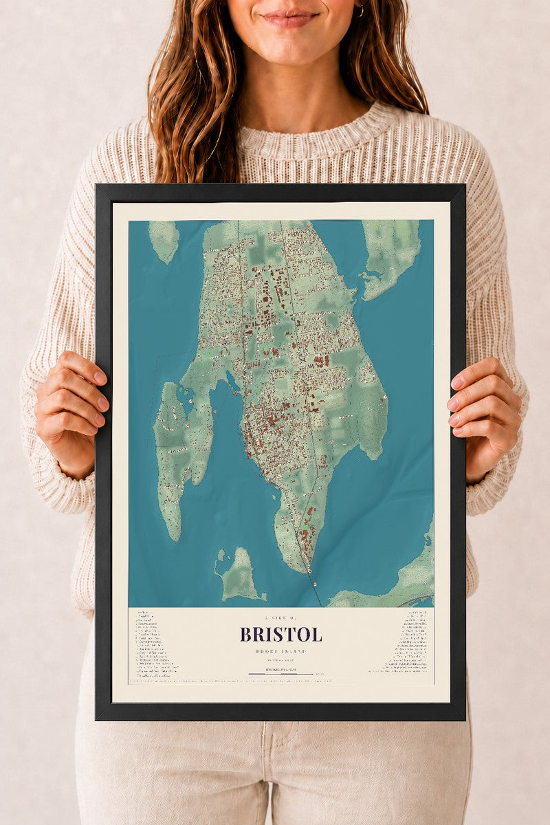 Bristol, Rhode Island map print, 12" x 18" W/ Black Ayous Wood Frame mockup