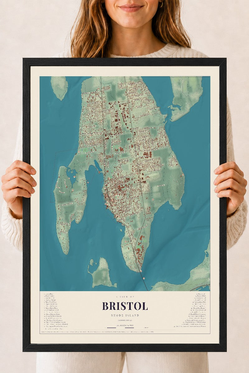 Bristol, Rhode Island map print, 18" x 24" W/ Black Ayous Wood Frame mockup