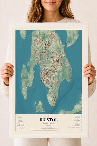Bristol, Rhode Island map print, 18" x 24" W/ White Ayous Wood Frame mockup