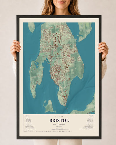 Bristol, Rhode Island map print, 24" x 36" W/ Black Ayous Wood Frame mockup