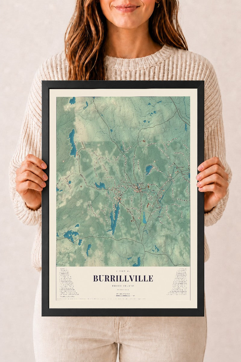 Burrillville, Rhode Island map print, 12" x 18" W/ Black Ayous Wood Frame mockup