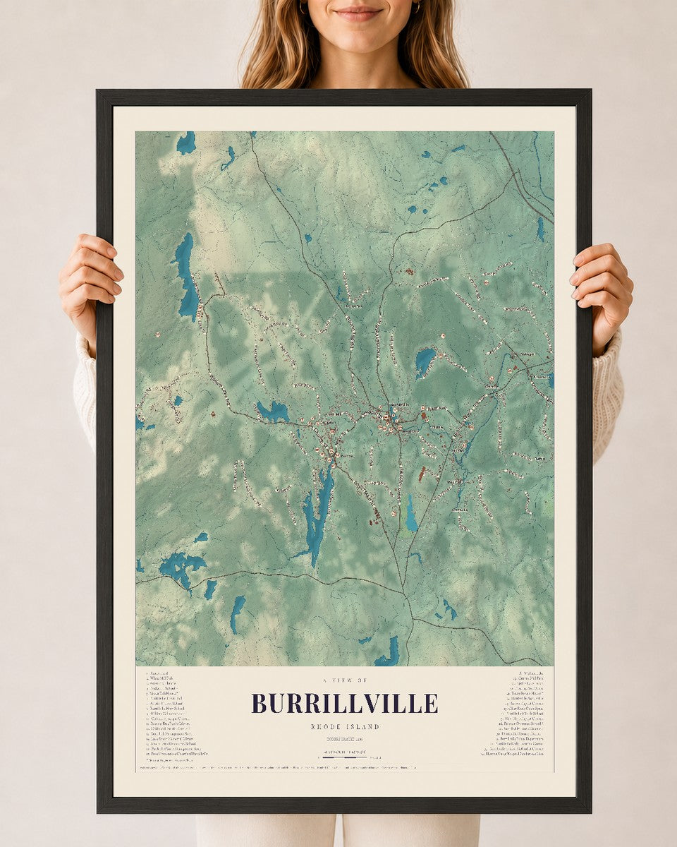 Burrillville, Rhode Island map print, 24" x 36" W/ Black Ayous Wood Frame mockup