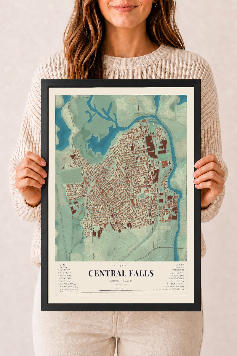 Central Falls, Rhode Island map print, 12" x 18" W/ Black Ayous Wood Frame mockup