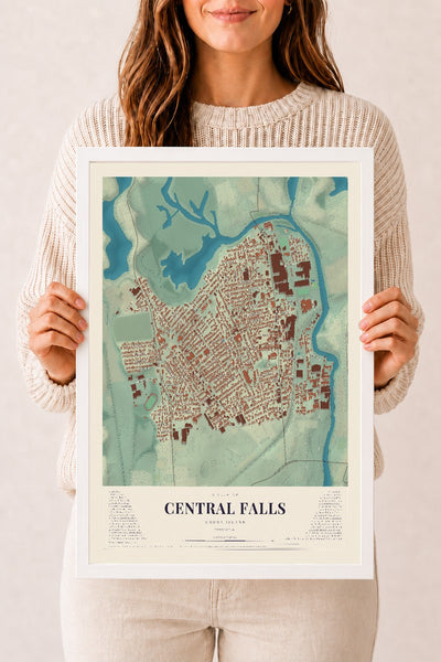 Central Falls, Rhode Island map print, 12" x 18" W/ White Ayous Wood Frame mockup