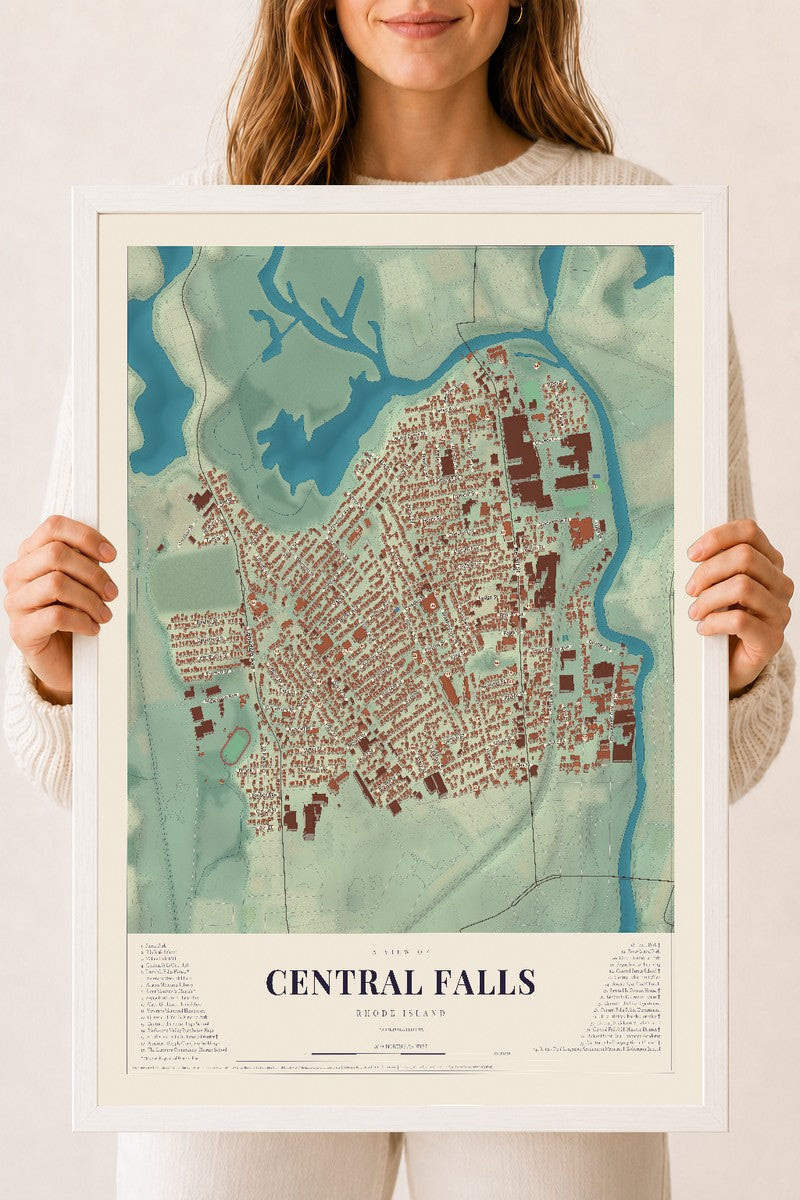 Central Falls, Rhode Island map print, 18" x 24" W/ White Ayous Wood Frame mockup