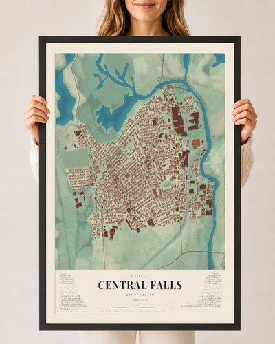 Central Falls, Rhode Island map print, 24" x 36" W/ Black Ayous Wood Frame mockup
