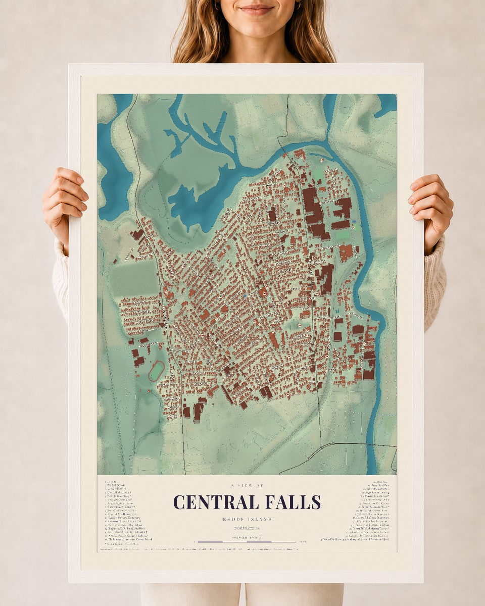 Central Falls, Rhode Island map print, 24" x 36" W/ White Ayous Wood Frame mockup