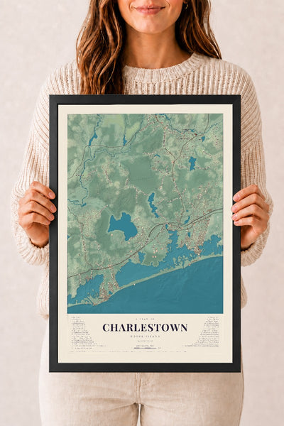 Charlestown, Rhode Island map print, 12" x 18" W/ Black Ayous Wood Frame mockup