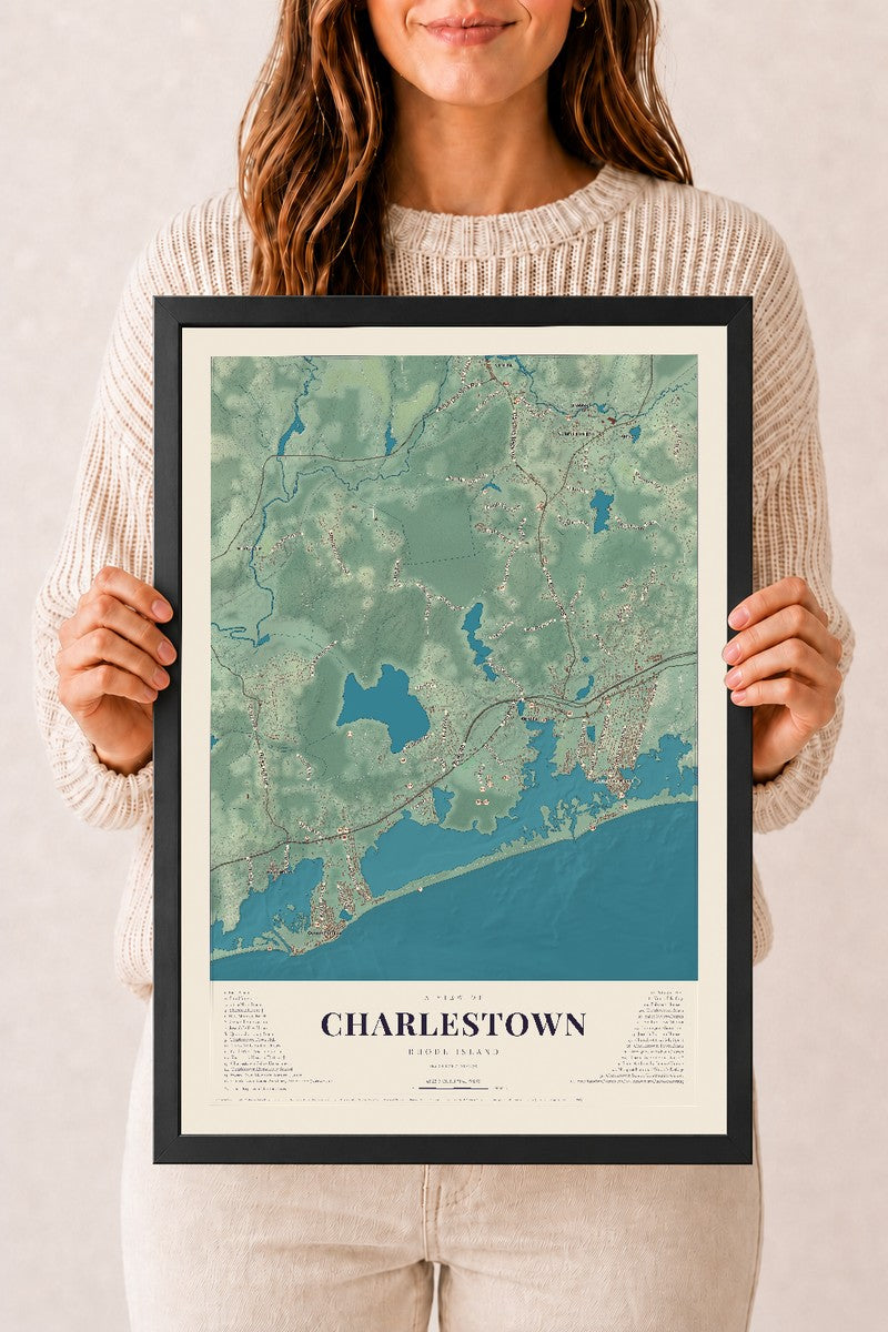 Charlestown, Rhode Island map print, 12" x 18" W/ Black Ayous Wood Frame mockup