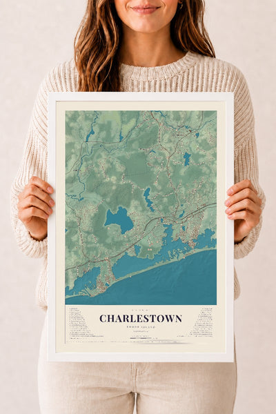 Charlestown, Rhode Island map print, 12" x 18" W/ White Ayous Wood Frame mockup