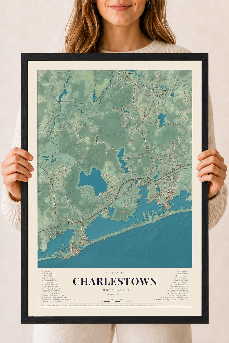 Charlestown, Rhode Island map print, 18" x 24" W/ Black Ayous Wood Frame mockup