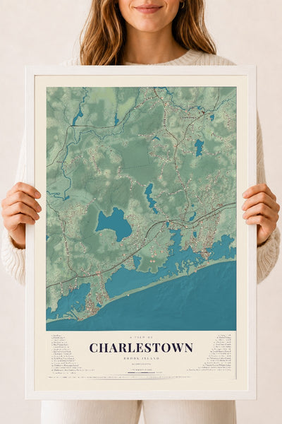 Charlestown, Rhode Island map print, 18" x 24" W/ White Ayous Wood Frame mockup