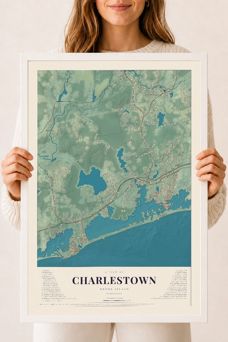 Charlestown, Rhode Island map print, 18" x 24" W/ White Ayous Wood Frame mockup