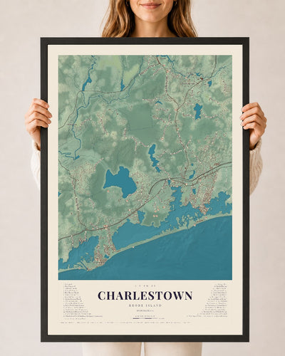 Charlestown, Rhode Island map print, 24" x 36" W/ Black Ayous Wood Frame mockup