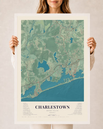Charlestown, Rhode Island map print, 24" x 36" W/ White Ayous Wood Frame mockup