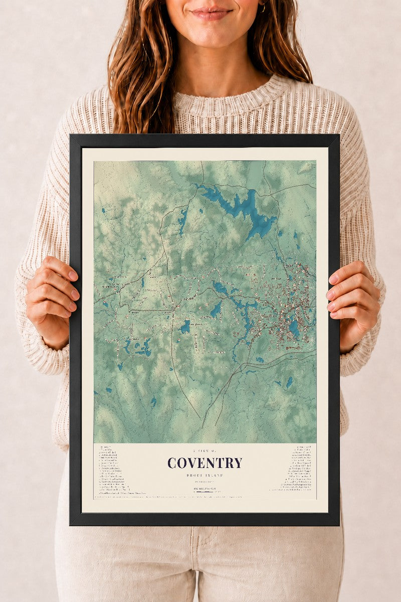 Coventry, Rhode Island map print, 12" x 18" W/ Black Ayous Wood Frame mockup