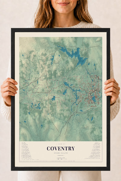 Coventry, Rhode Island map print, 18" x 24" W/ Black Ayous Wood Frame mockup