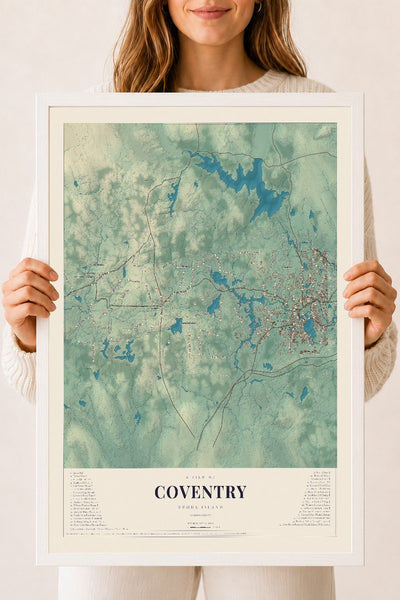 Coventry, Rhode Island map print, 18" x 24" W/ White Ayous Wood Frame mockup