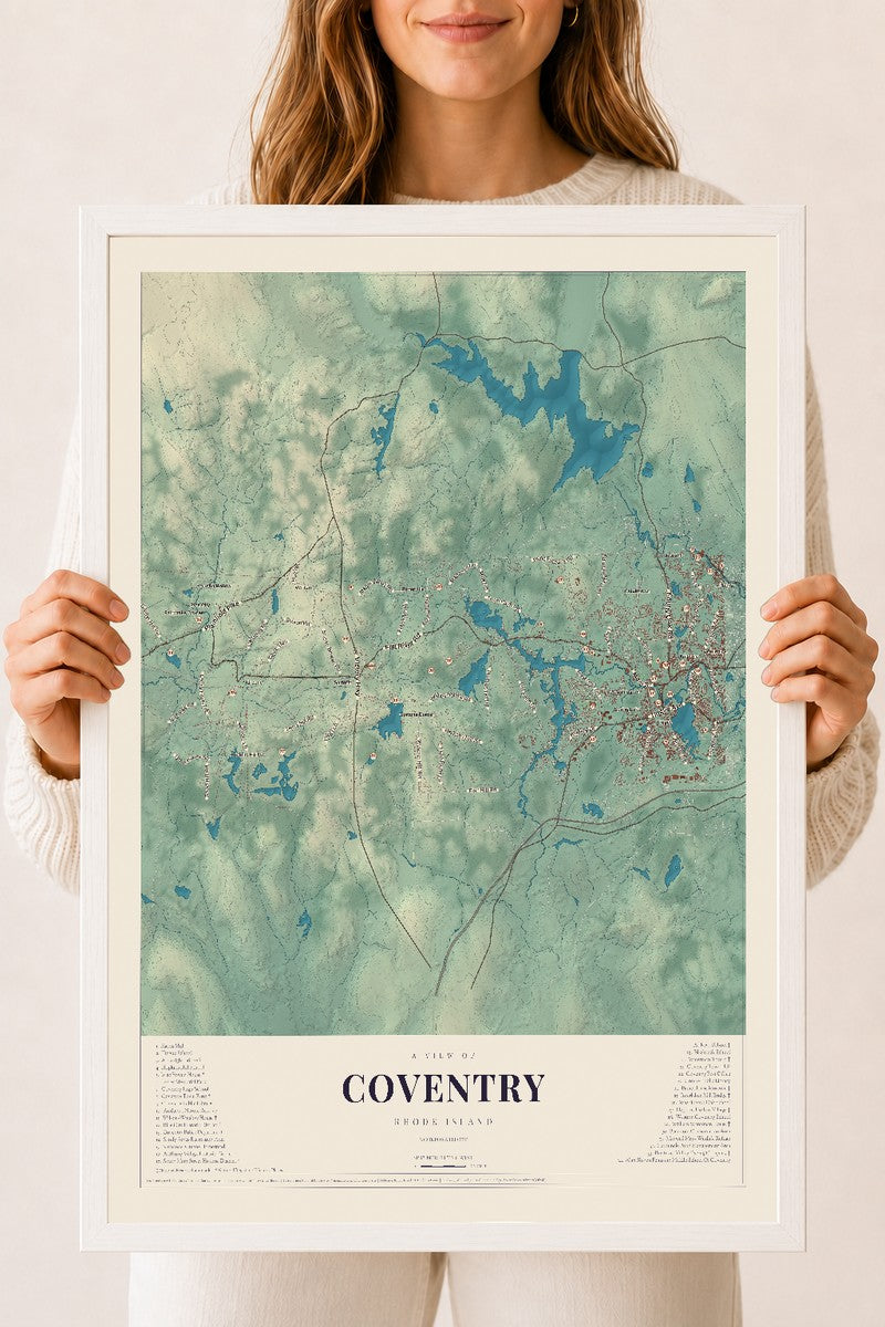 Coventry, Rhode Island map print, 18" x 24" W/ White Ayous Wood Frame mockup