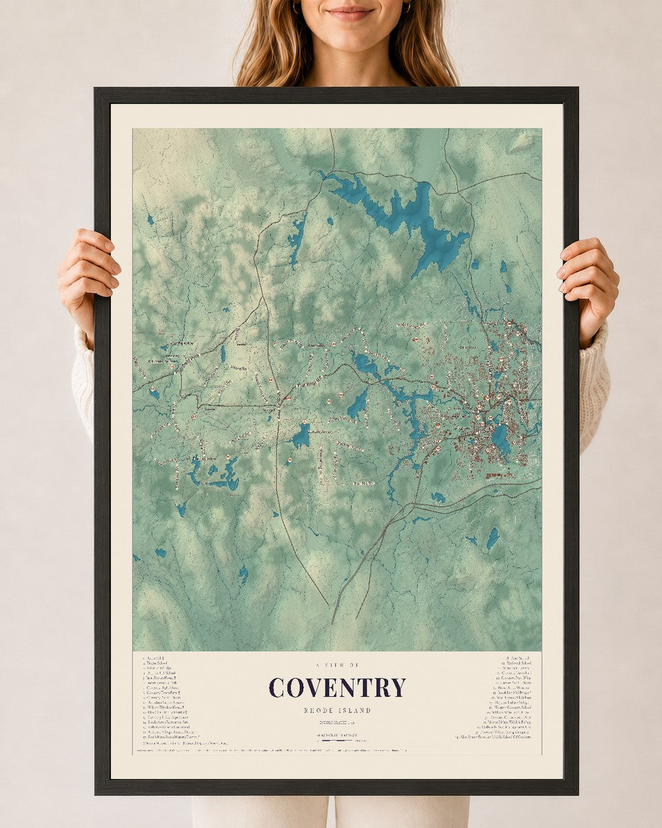 Coventry, Rhode Island map print, 24" x 36" W/ Black Ayous Wood Frame mockup