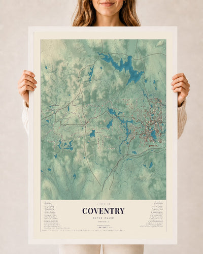 Coventry, Rhode Island map print, 24" x 36" W/ White Ayous Wood Frame mockup