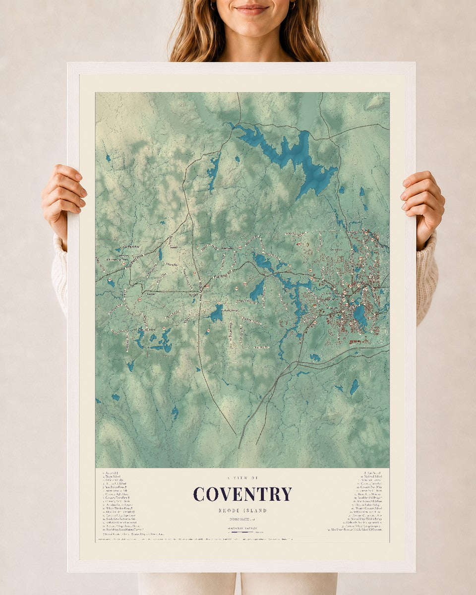 Coventry, Rhode Island map print, 24" x 36" W/ White Ayous Wood Frame mockup
