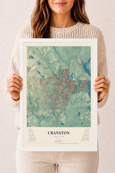 Cranston, Rhode Island map print, 12" x 18" W/ White Ayous Wood Frame mockup
