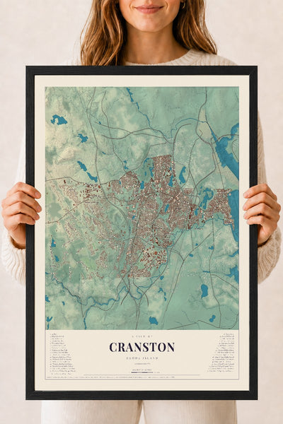 Cranston, Rhode Island map print, 18" x 24" W/ Black Ayous Wood Frame mockup