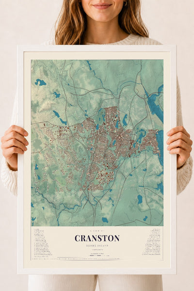 Cranston, Rhode Island map print, 18" x 24" W/ White Ayous Wood Frame mockup