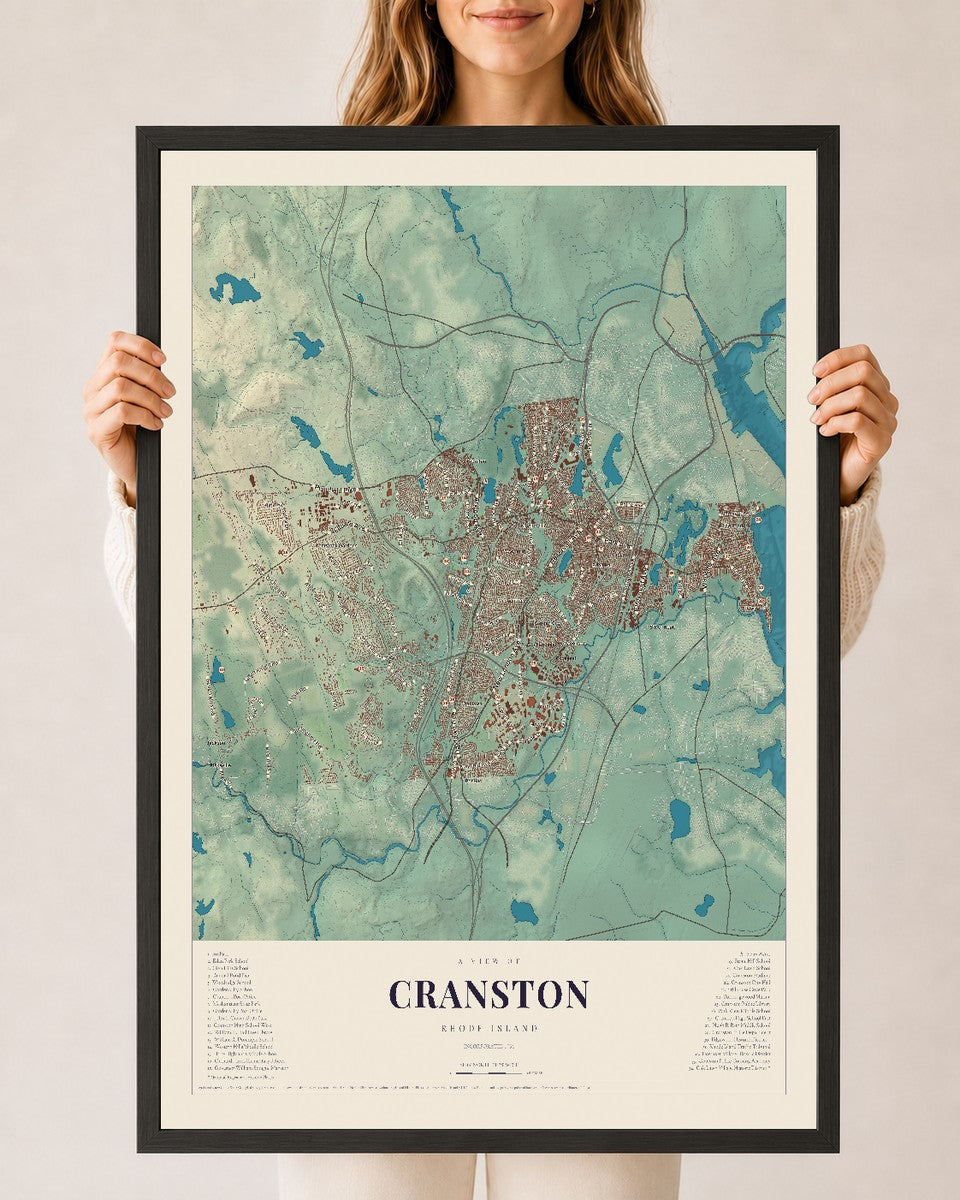 Cranston, Rhode Island map print, 24" x 36" W/ Black Ayous Wood Frame mockup