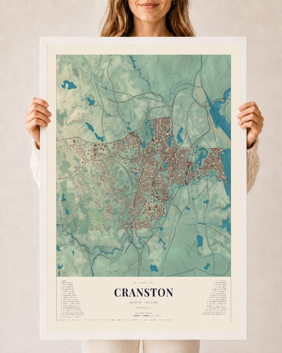 Cranston, Rhode Island map print, 24" x 36" W/ White Ayous Wood Frame mockup
