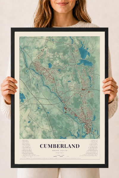 Cumberland, Rhode Island map print, 18" x 24" W/ Black Ayous Wood Frame mockup