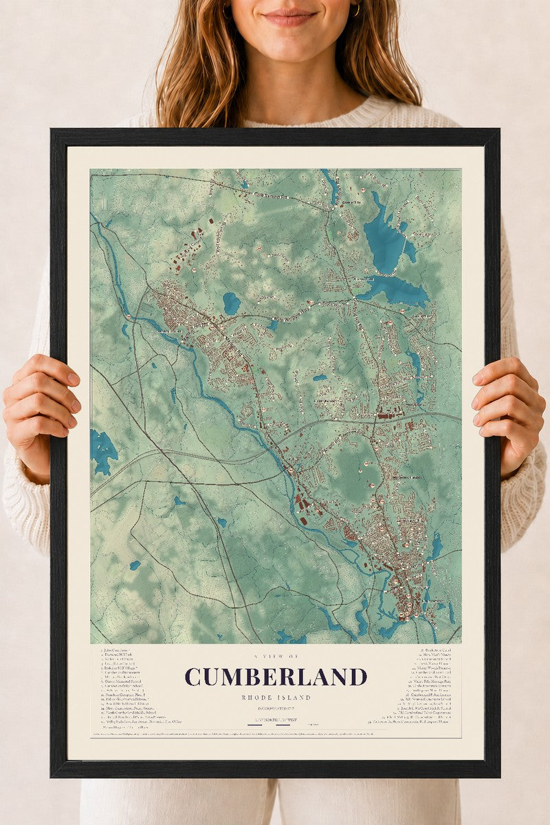 Cumberland, Rhode Island map print, 18" x 24" W/ Black Ayous Wood Frame mockup