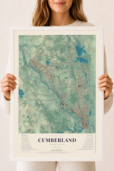 Cumberland, Rhode Island map print, 18" x 24" W/ White Ayous Wood Frame mockup