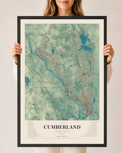 Cumberland, Rhode Island map print, 24" x 36" W/ Black Ayous Wood Frame mockup